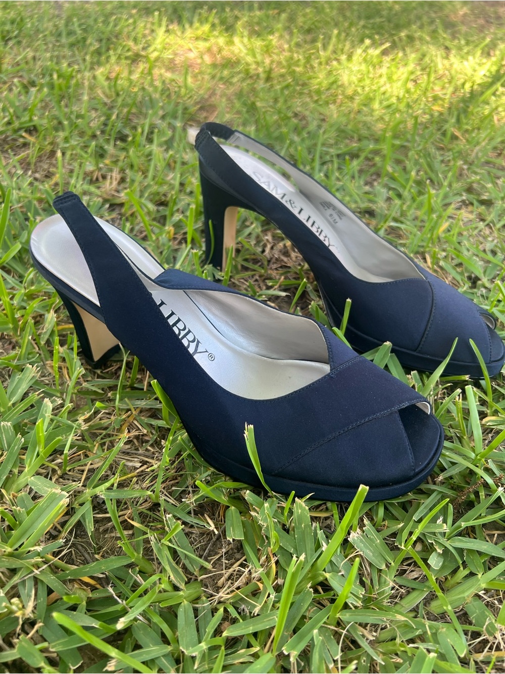 Navy Open-Toe Slingback Heels
